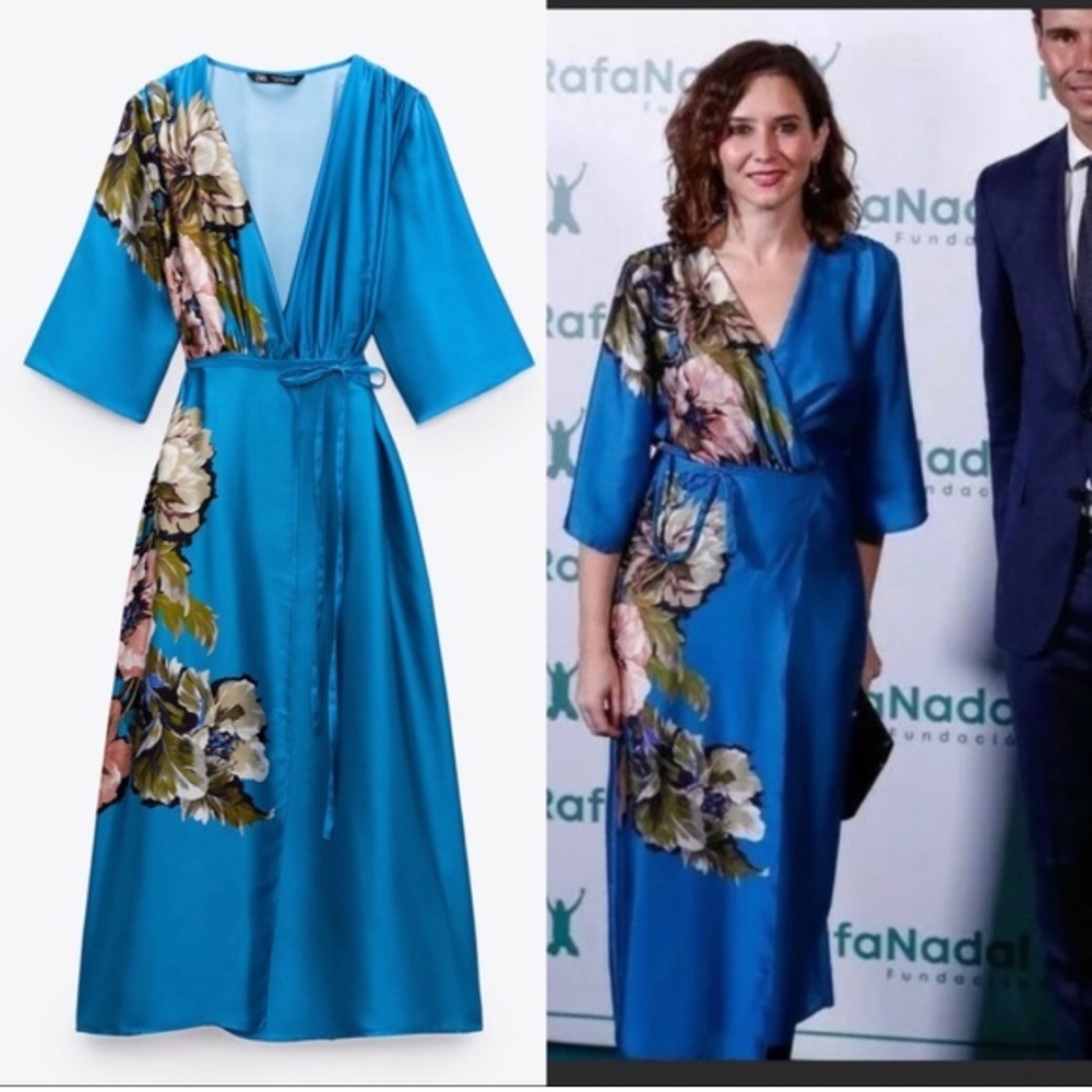 ZARA Blue Floral Satin Wrap Midi Dress with Tie Waist & V-Neck Boho Chic XS